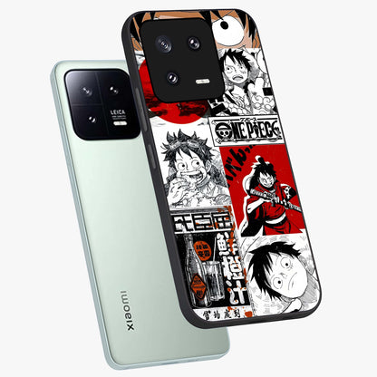 Strawhat Chaos Panels Glass Case displayed in angled mockup highlighting vibrant anime collage design with action aesthetic.