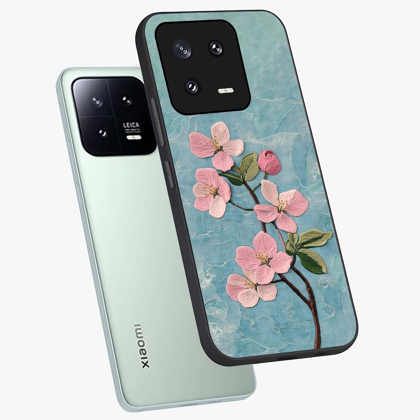 Threaded Blossom Breeze Glass Case displayed in angled mockup highlighting elegant floral design with soft aesthetic style.