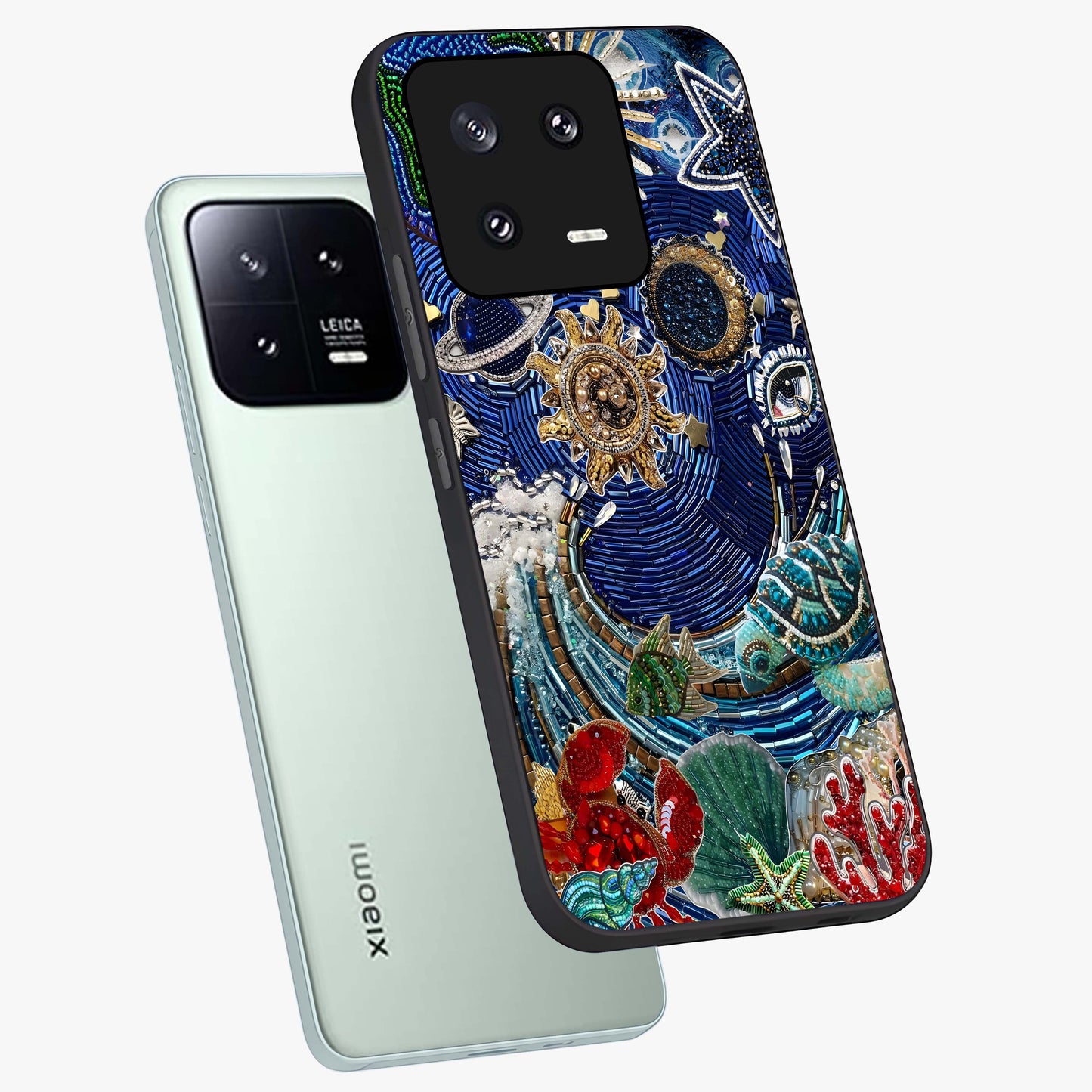 Universe Underwater Spark Glass Case displayed in angled mockup highlighting glowing aquatic design with celestial aesthetic.