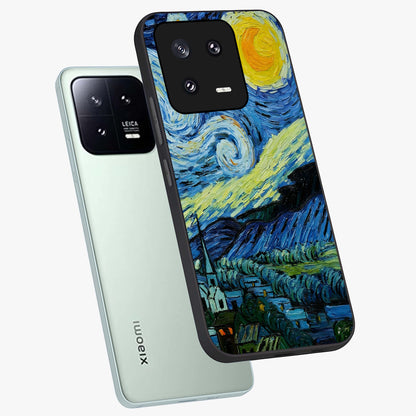 Van Gogh Art Glass Case displayed in angled mockup highlighting swirling brushstroke design with artistic aesthetic.
