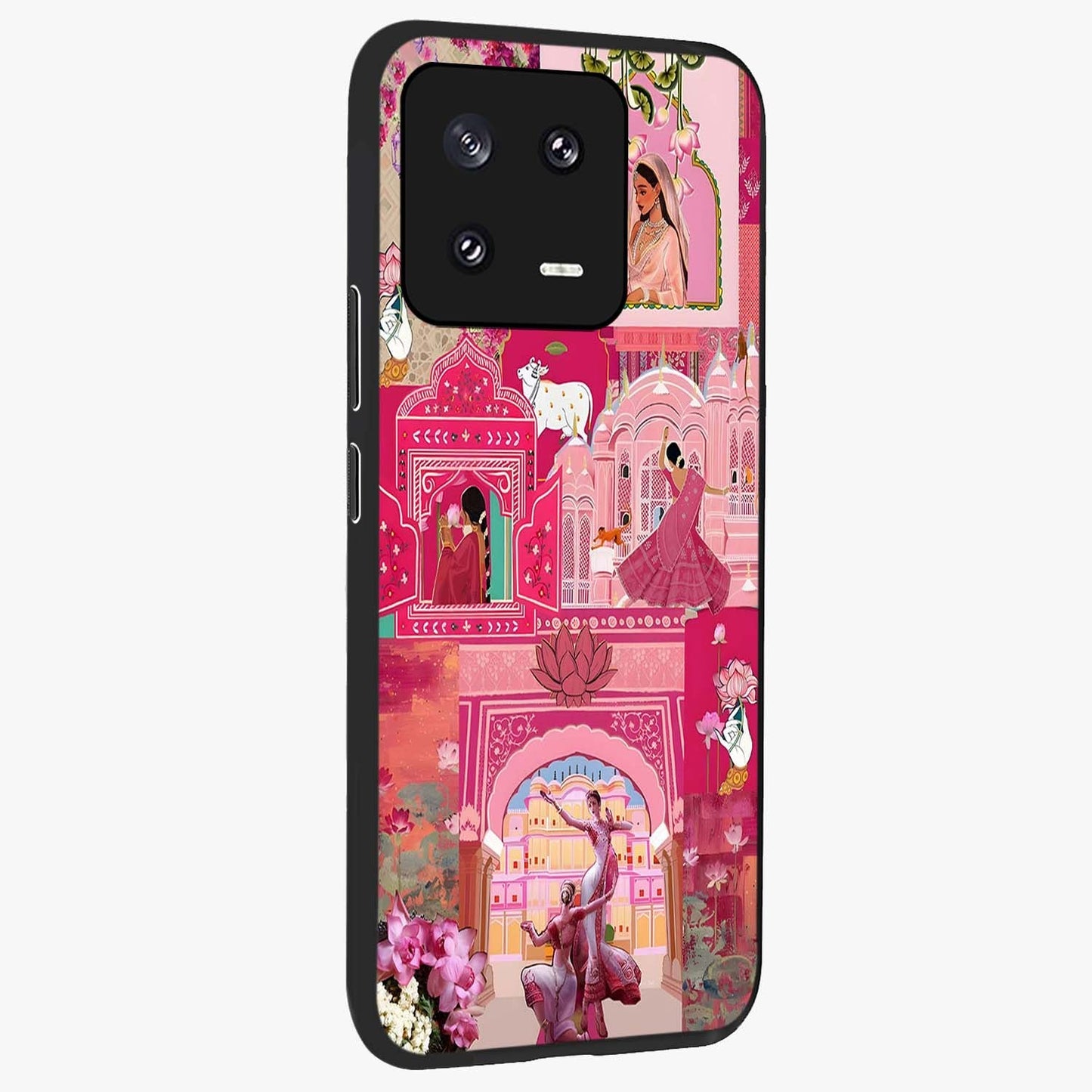 Blossoms of Rajasthan Glass Case upright view showcasing colorful floral design inspired by traditional Indian art.