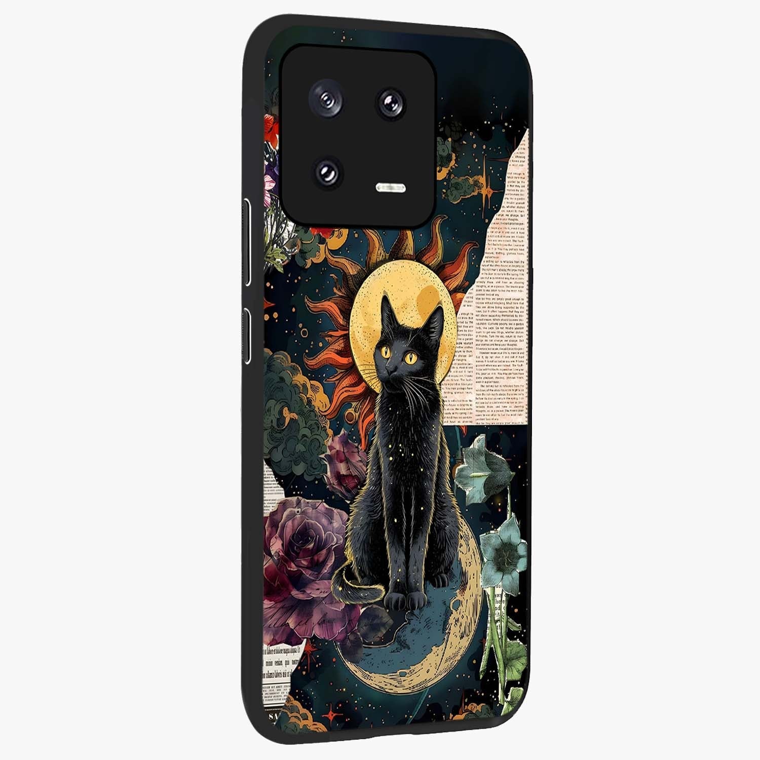 Celestial Black Cat Glass Case upright view showcasing magical black cat illustration with starry cosmic theme.