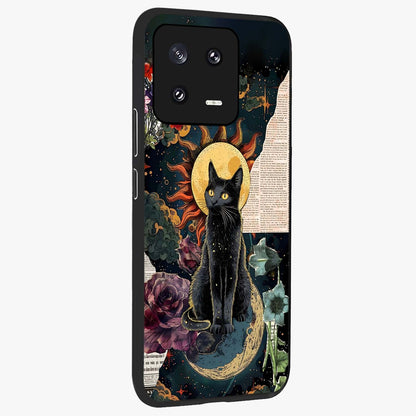Celestial Black Cat Glass Case upright view showcasing magical black cat illustration with starry cosmic theme.