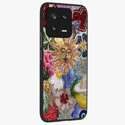 Celestial Floral and Playful Glass Case upright view showcasing whimsical floral artwork with cosmic aesthetic theme.