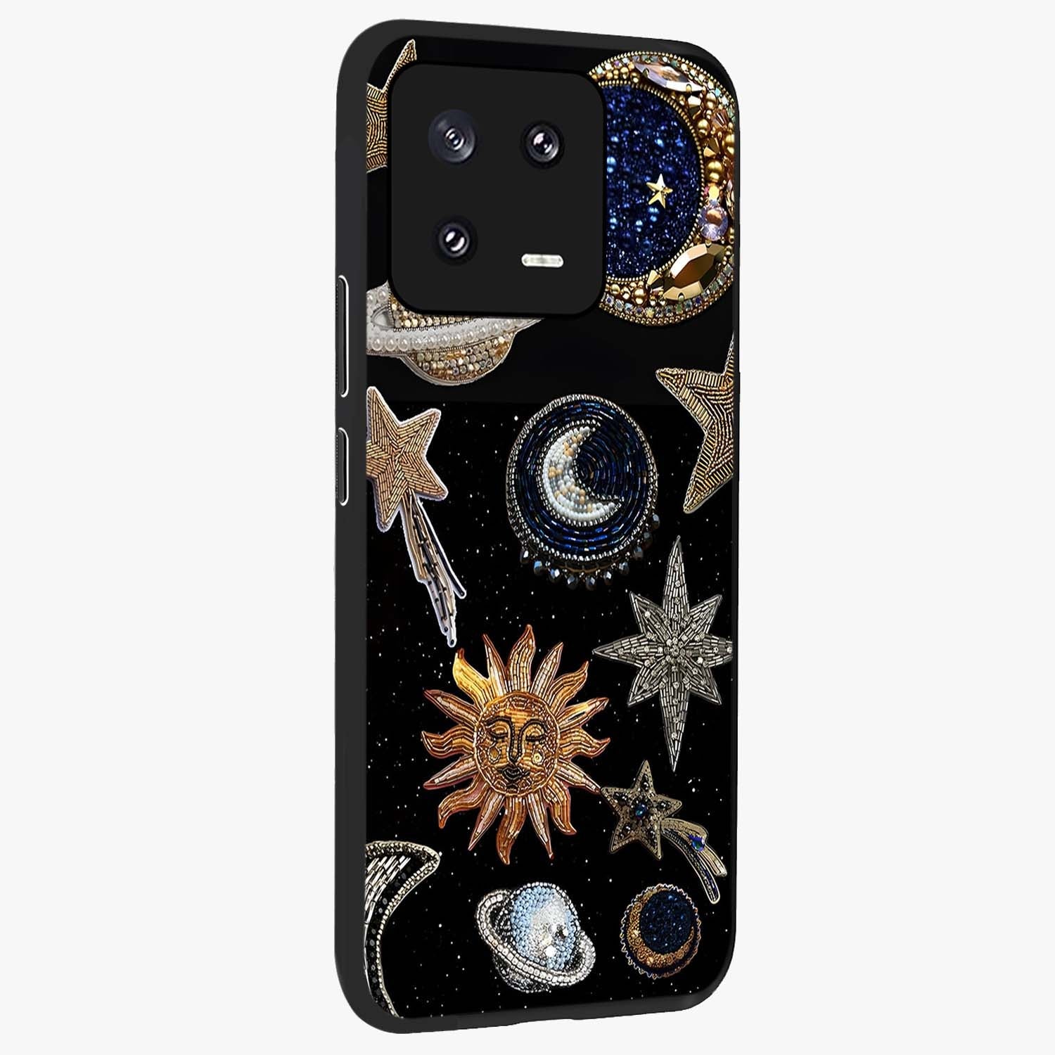 Celestial Gem Constellations Glass Case upright view showcasing cosmic constellation artwork with celestial aesthetic style.