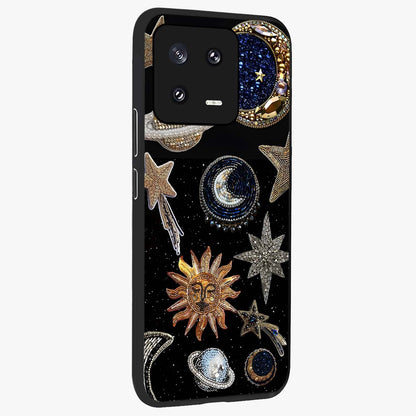 Celestial Gem Constellations Glass Case upright view showcasing cosmic constellation artwork with celestial aesthetic style.