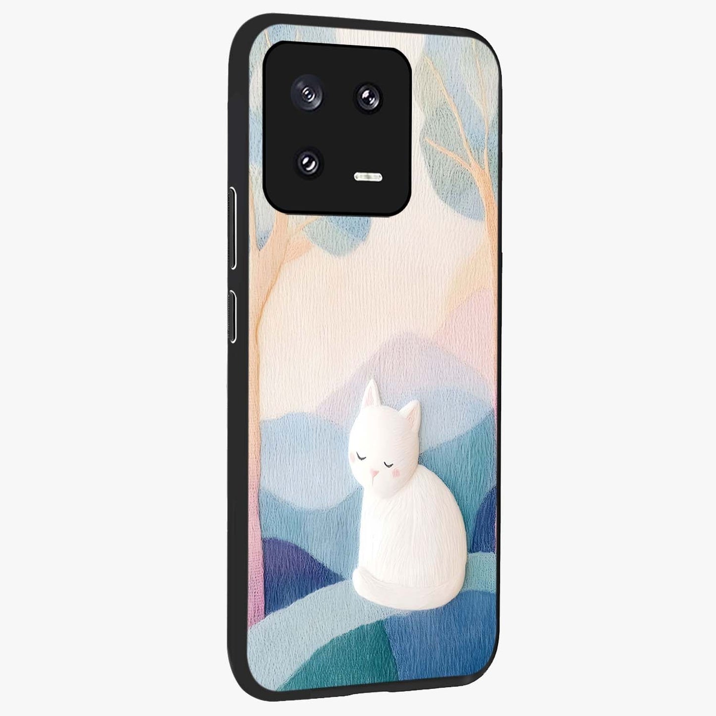 Cotton Dream Cat Glass Case upright view showcasing charming cat artwork with cozy dreamy theme.