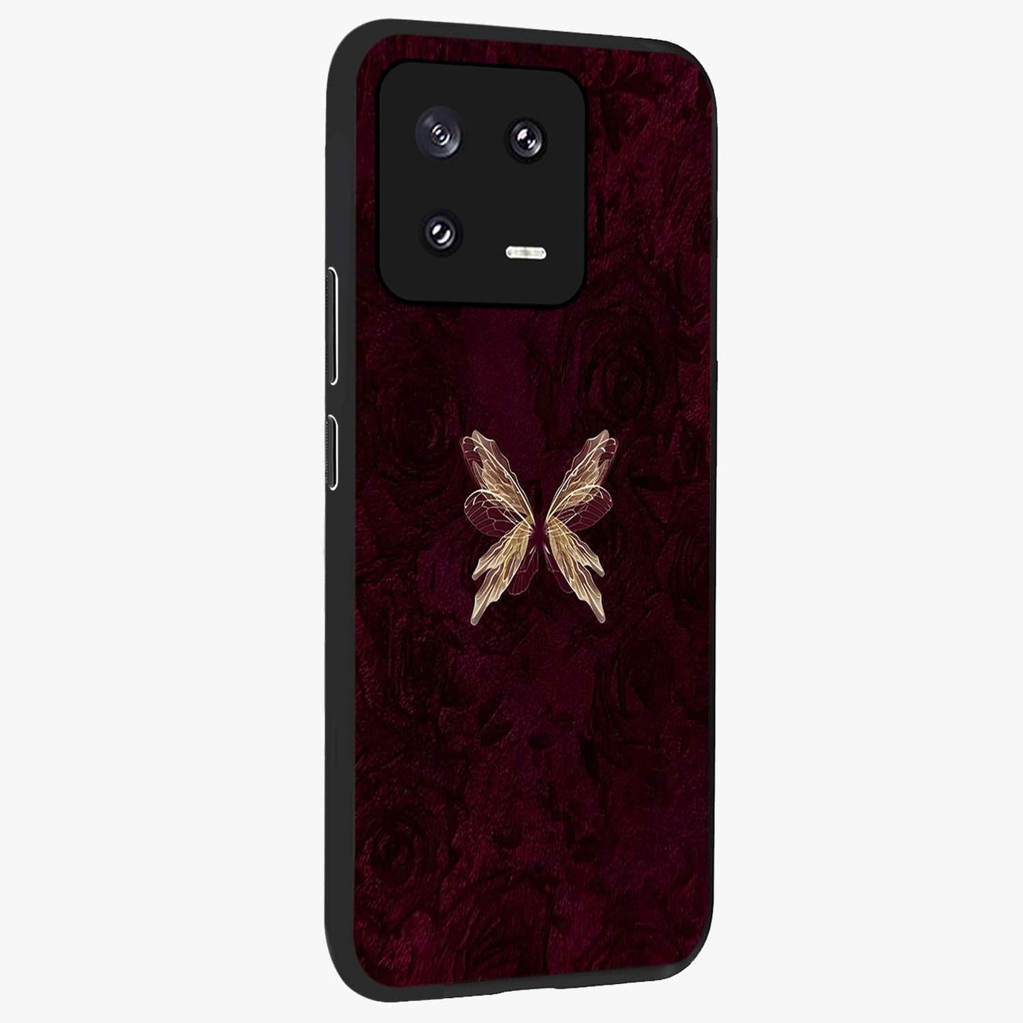 Crimson Fade Butterfly Glass Case upright view showcasing graceful butterfly artwork with soft crimson fade effect.