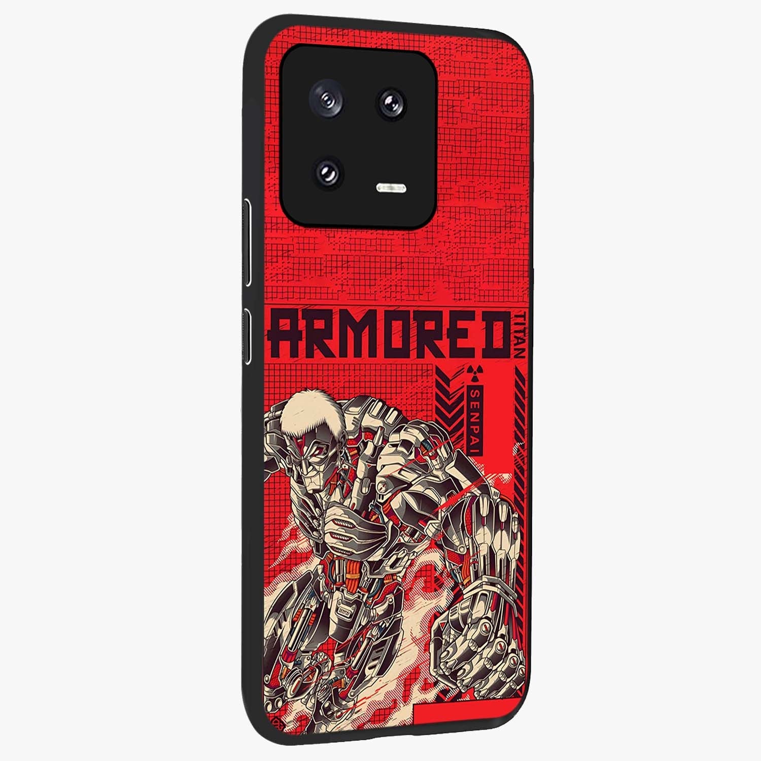 Crimson Mecha Titan Glass Case upright view showcasing dynamic robotic titan design with sci-fi inspired theme.