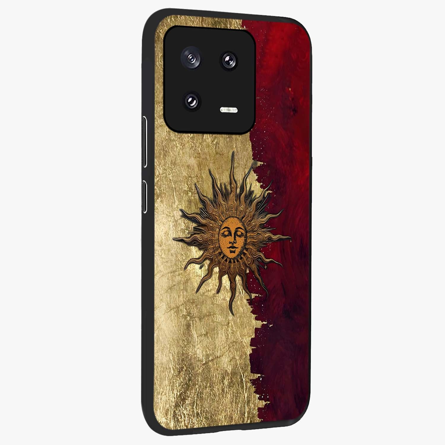Crimson Sun Majesty Glass Case upright view showcasing vibrant sun artwork with powerful celestial theme.
