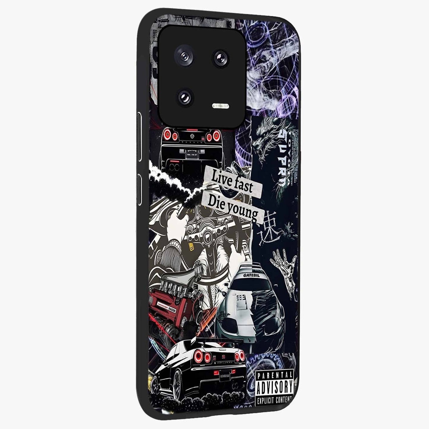 Die Young Glass Case upright view showcasing striking typography artwork with modern statement theme.