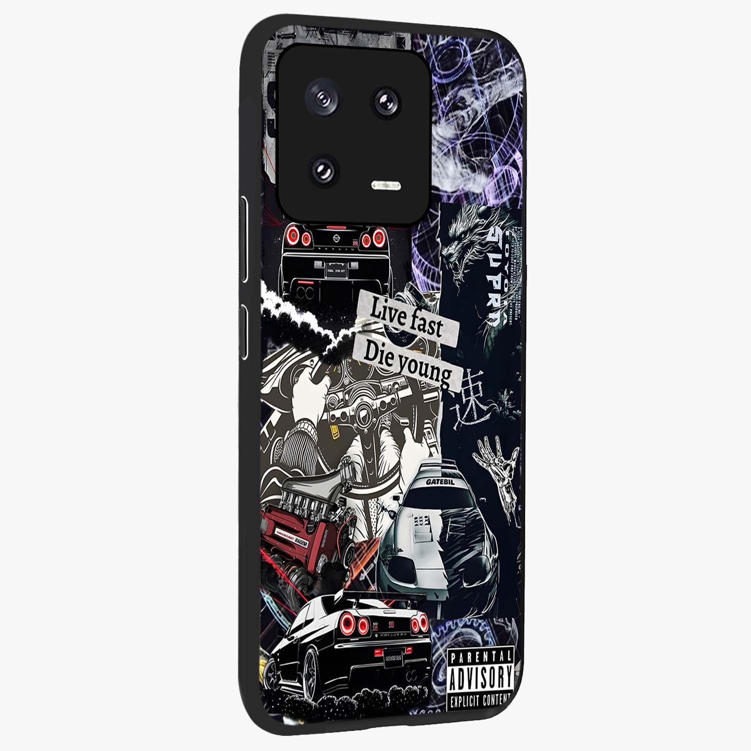 Die Young Glass Case upright view showcasing striking typography artwork with modern statement theme.