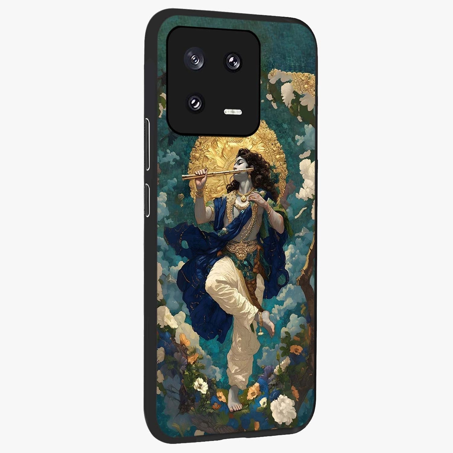 Divine Krishna Art Glass Case upright view showcasing divine Krishna artwork with sacred artistic theme.