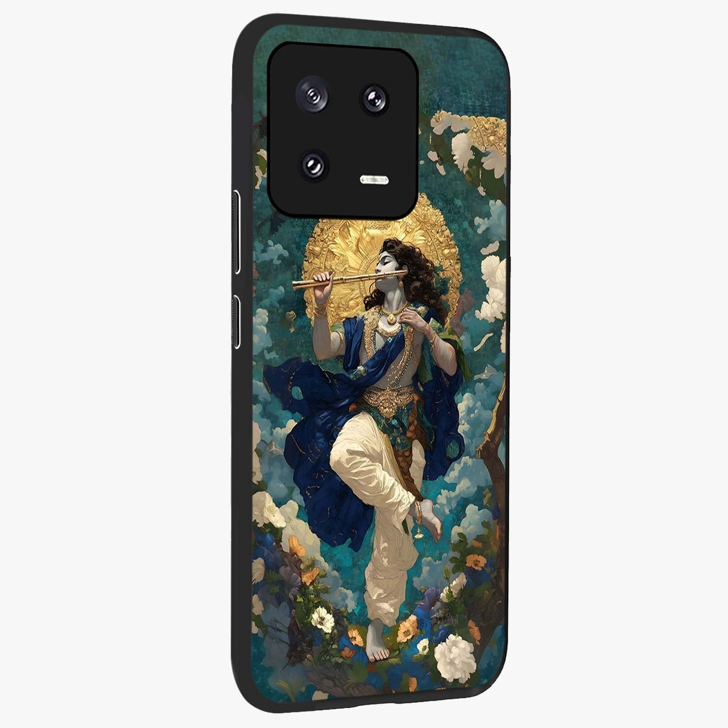 Divine Krishna Art Glass Case upright view showcasing divine Krishna artwork with sacred artistic theme.