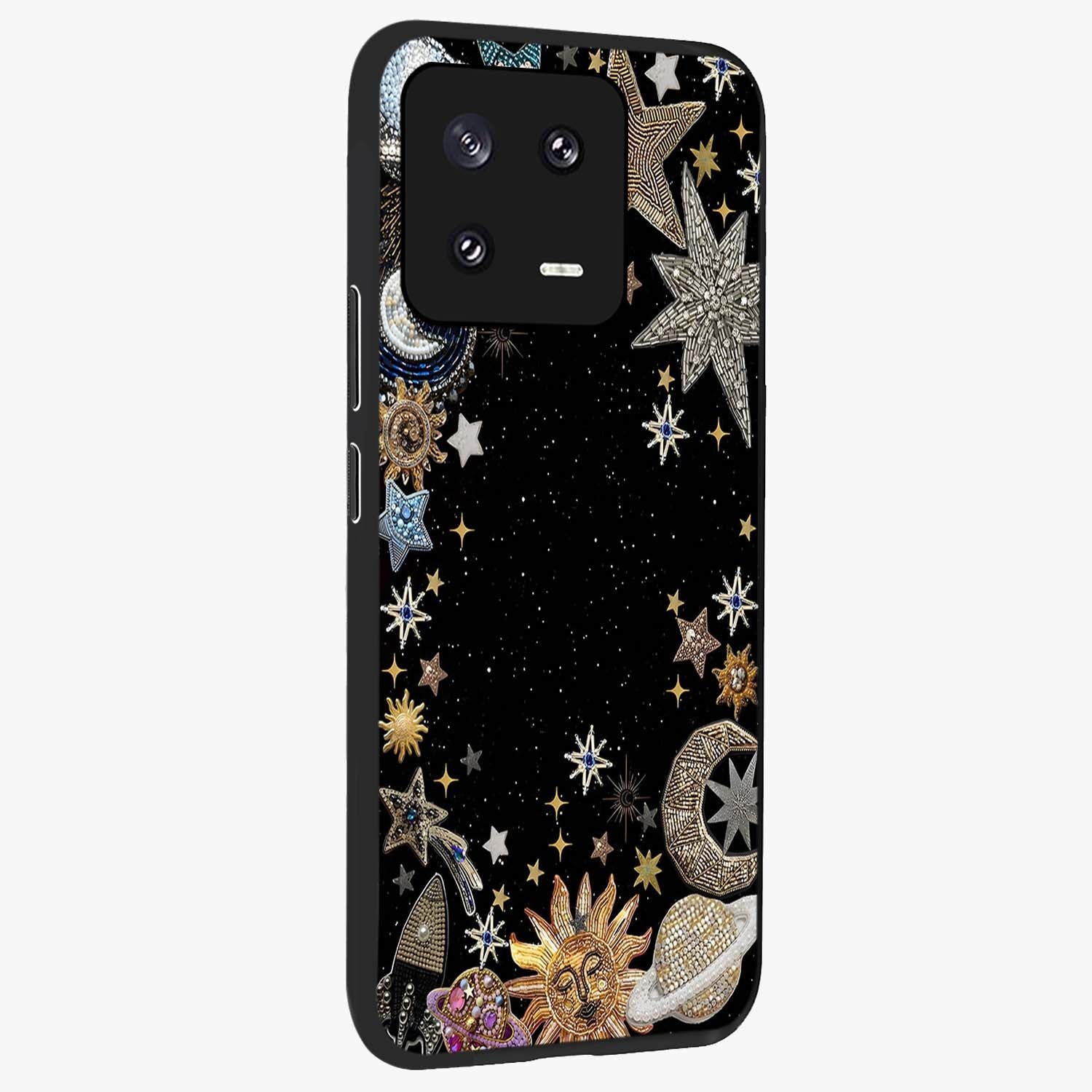 Galactic Jewel Stars Glass Case upright view showcasing glittering star jewel artwork with vibrant galaxy theme.