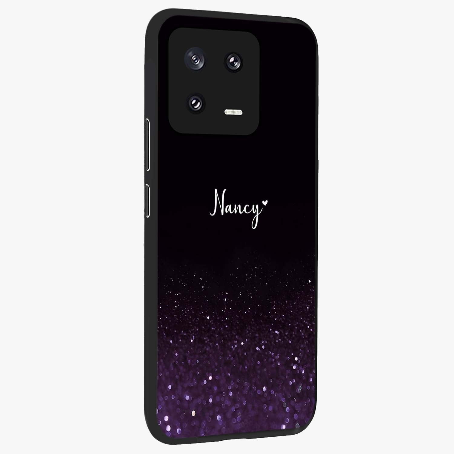 Glittery Purple Bokeh Custom Name Glass Case upright view showcasing vibrant purple sparkle artwork with personalized aesthetic style.