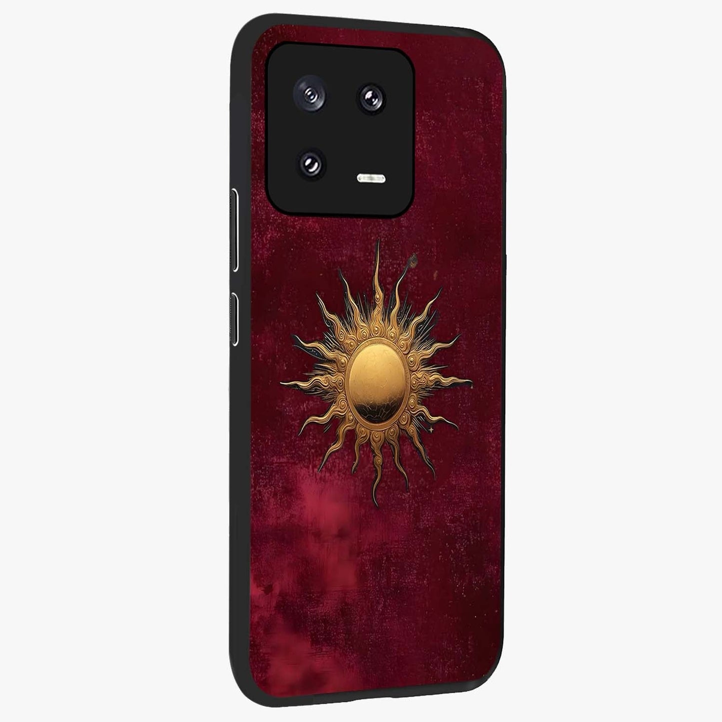 Golden Sun Minimalism Glass Case upright view showcasing simple golden sun artwork with elegant minimalist style.