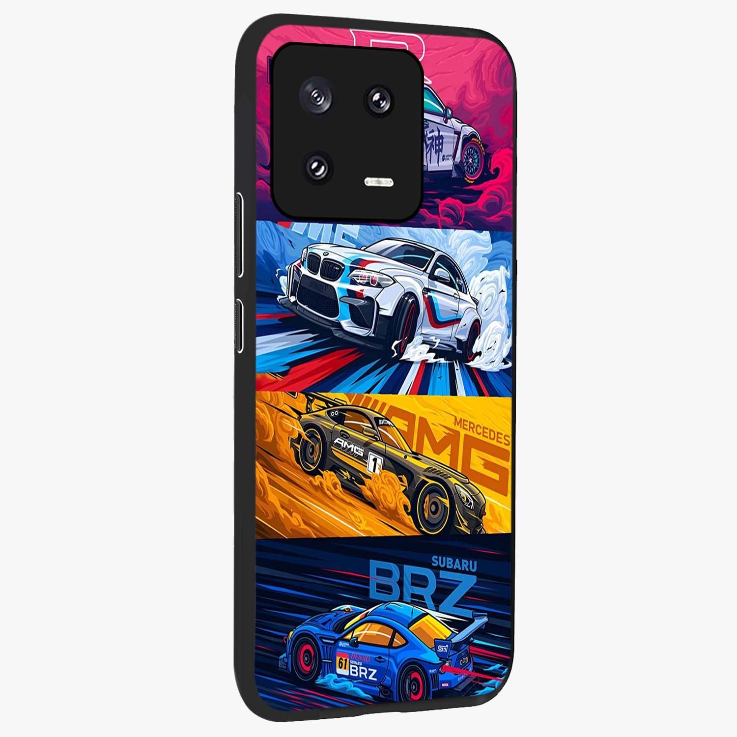 JDM Sports Car Glass Case upright view showcasing dynamic sports car artwork with bold racing theme.
