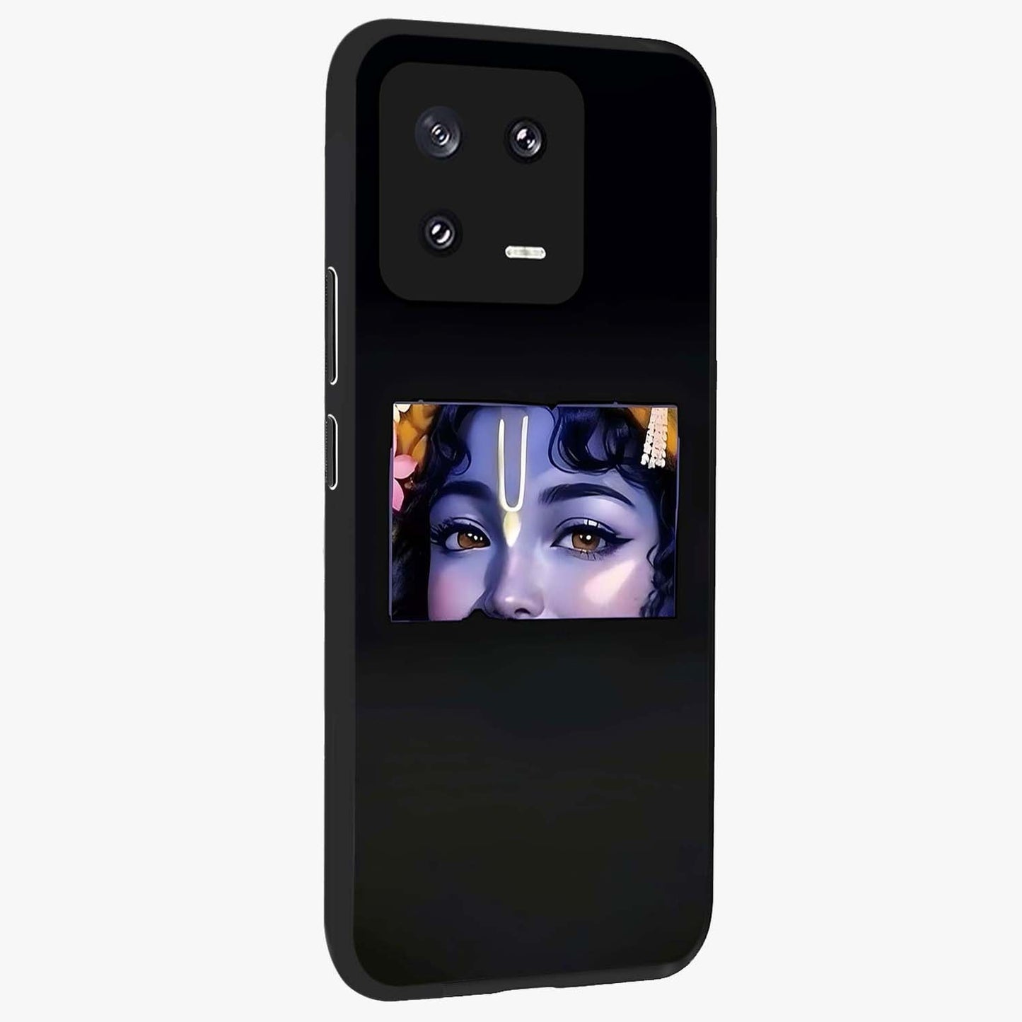 Krishna Divine Embrace Glass Case upright view showcasing sacred Krishna artwork with peaceful devotional theme.