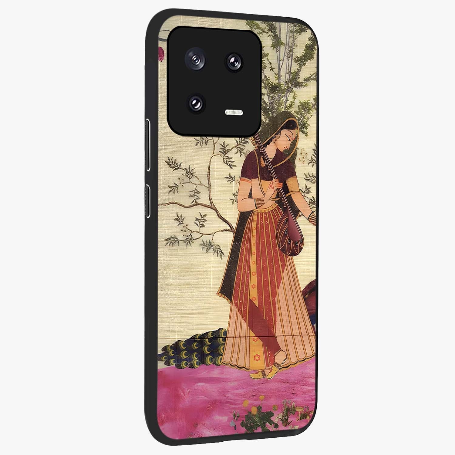 Lady With Veena Art Glass Case upright view showcasing classical veena artwork with traditional artistic theme.