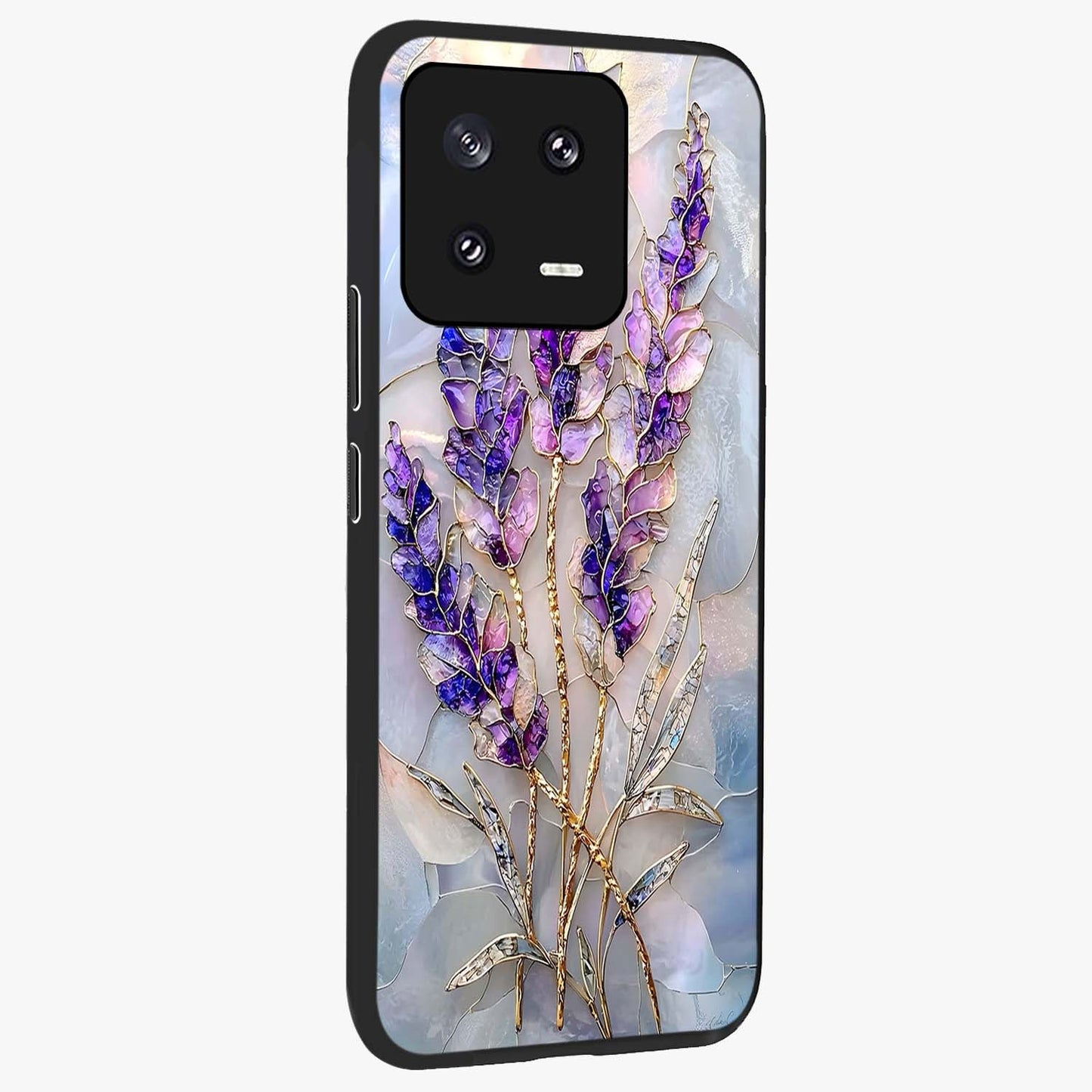 Lavender Dream Glow Glass Case upright view showcasing radiant lavender glow artwork with calming dreamy theme.
