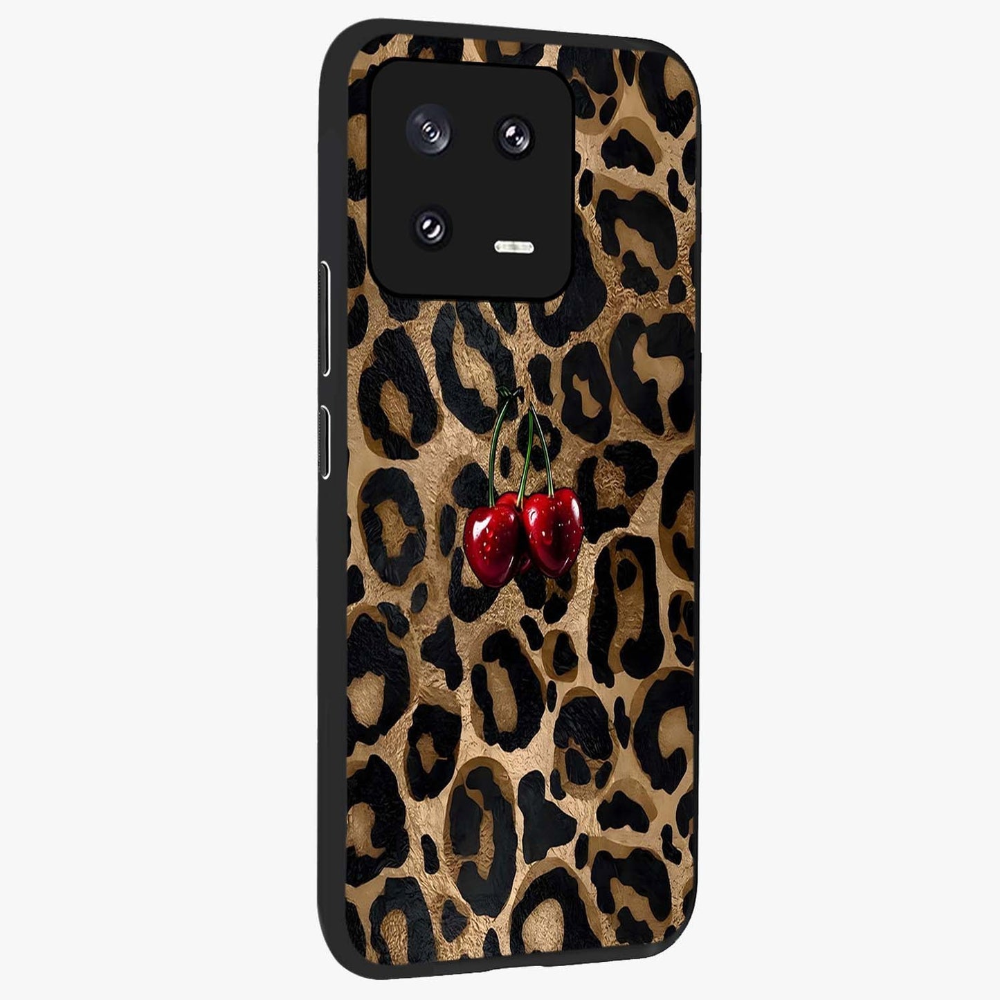 Leopard Wild Cherry Glass Case upright view showcasing stylish leopard pattern artwork with trendy fashion theme.