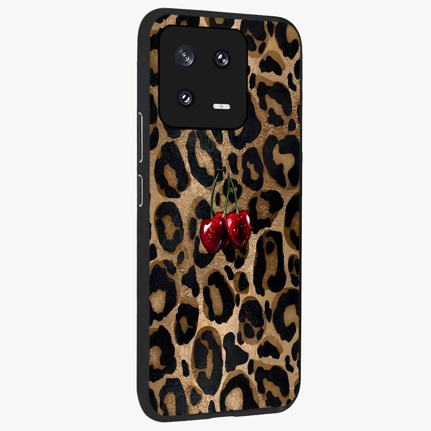 Leopard Wild Cherry Glass Case upright view showcasing stylish leopard pattern artwork with trendy fashion theme.