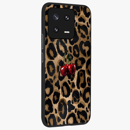 Leopard Wild Cherry Glass Case upright view showcasing stylish leopard pattern artwork with trendy fashion theme.