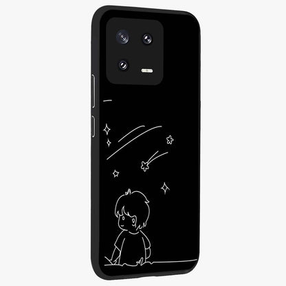 Line Art Boy With Shooting Stars Glass Case upright view showcasing artistic shooting star illustration with minimal style.