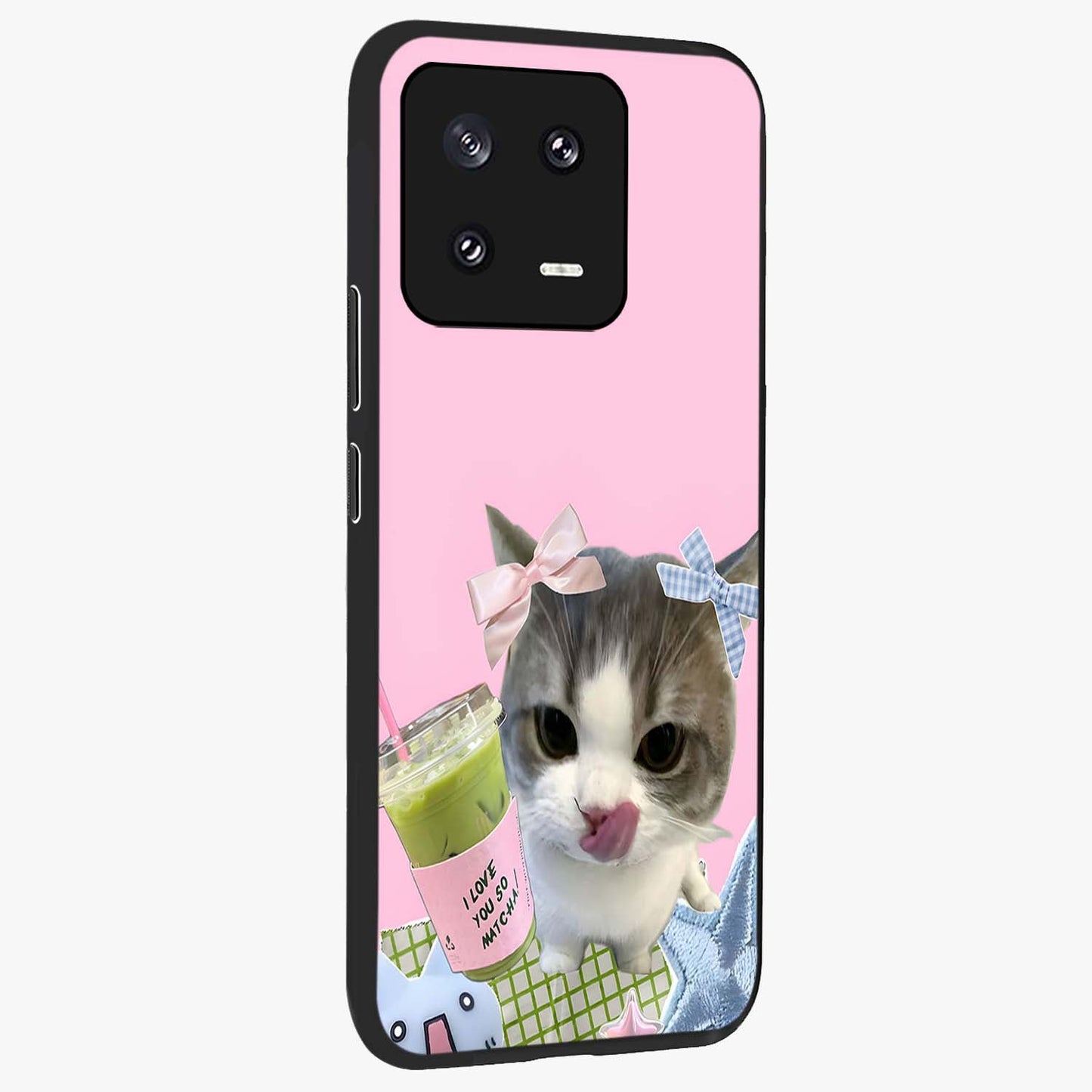 Love Matcha Cat Glass Case upright view showcasing adorable cat artwork with charming matcha themed design.
