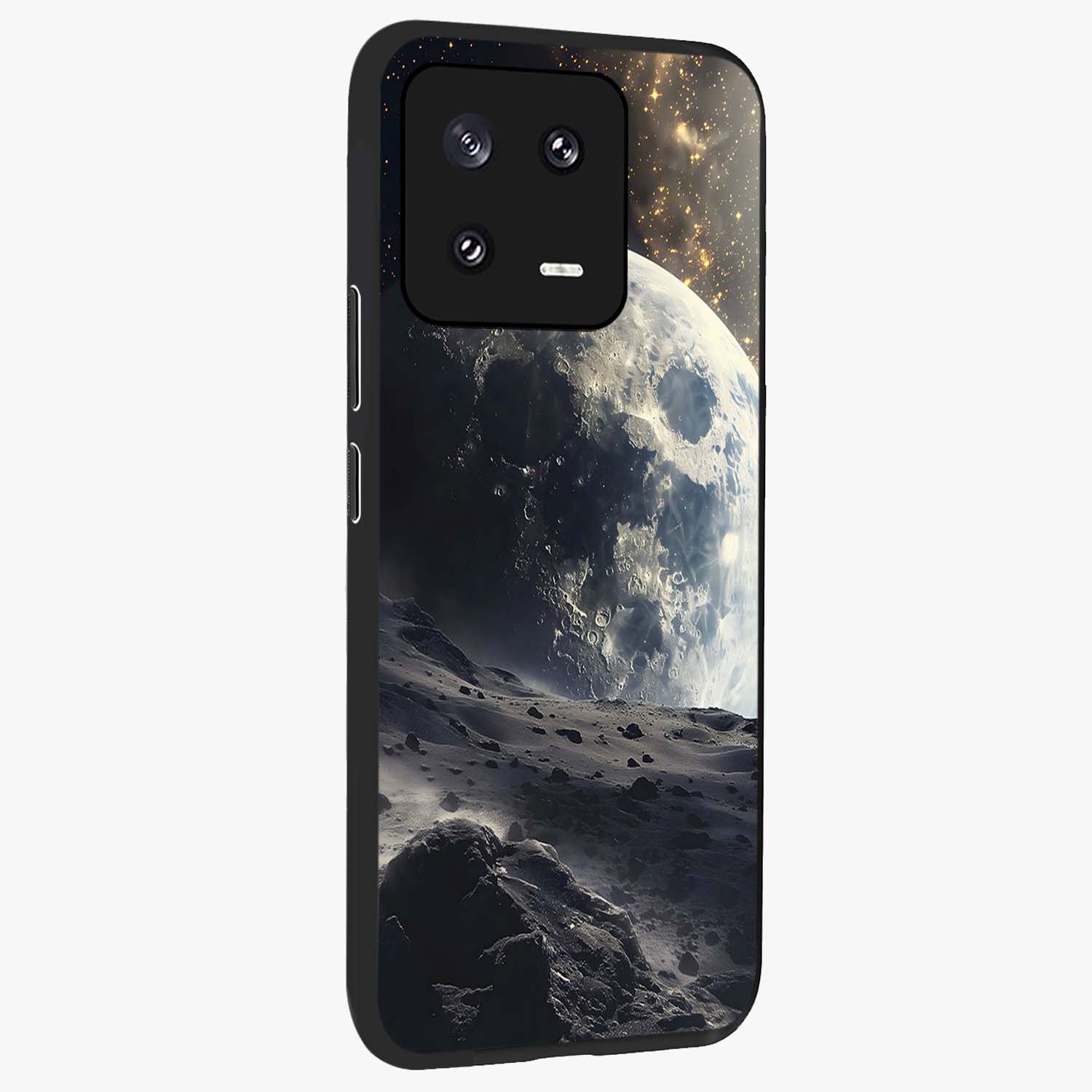 Lunar Horizon Glow Glass Case upright view showcasing radiant lunar artwork with calm cosmic theme.
