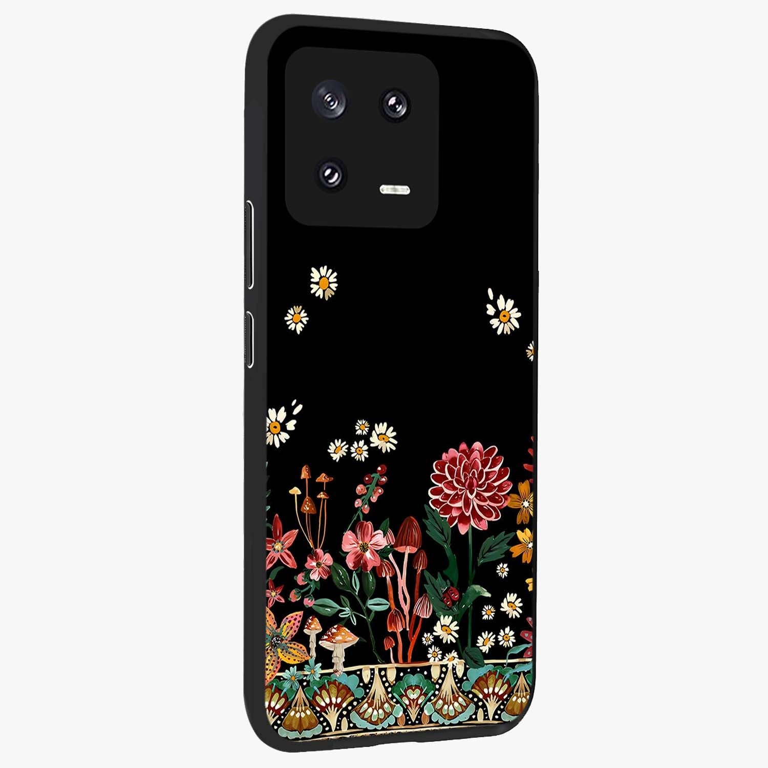 Midnight Bloom Pattern Glass Case upright view showcasing decorative floral artwork with deep night themed palette.