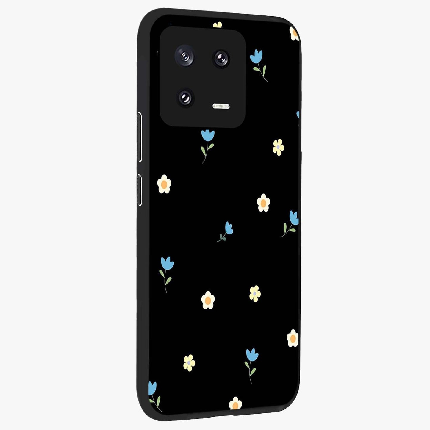 Minimal Petal Whispers Glass Case upright view showcasing elegant floral artwork with modern minimalist style.
