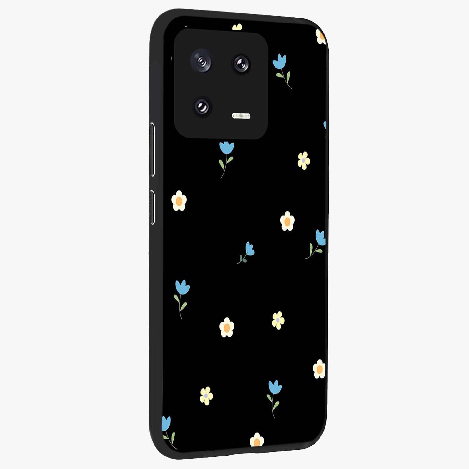 Minimal Petal Whispers Glass Case upright view showcasing elegant floral artwork with modern minimalist style.