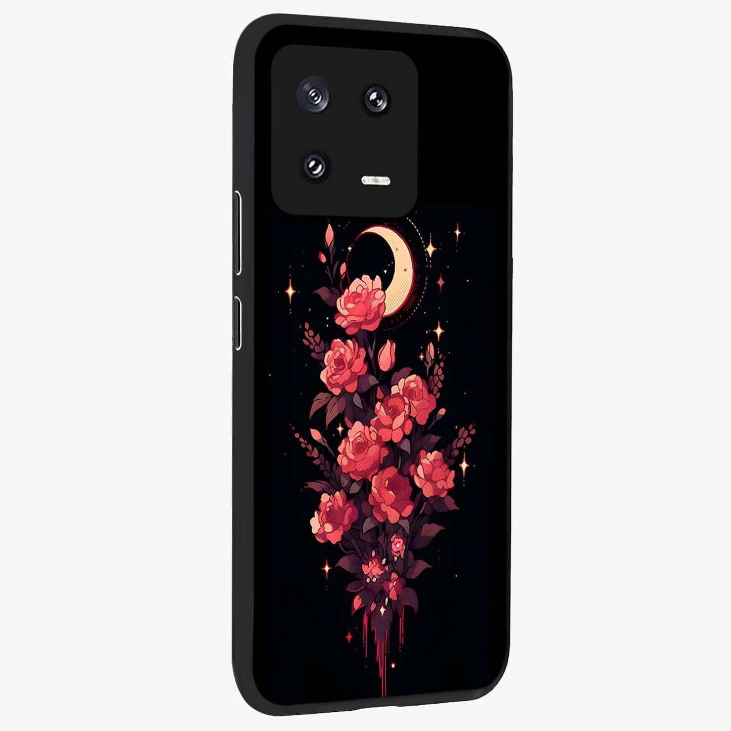 Moonlit Floral Elegance Glass Case upright view showcasing delicate floral artwork with refined night inspired theme.