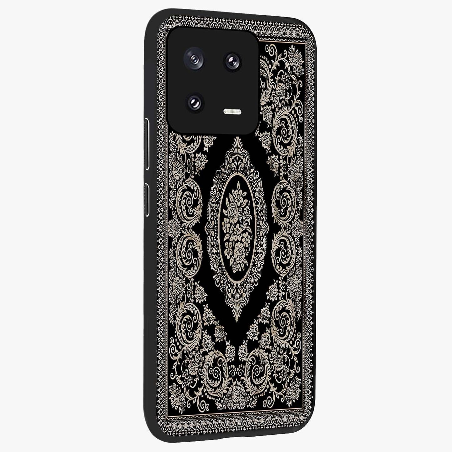 Noir Bloom Elegance Glass Case upright view showcasing graceful floral artwork with luxurious dark theme.