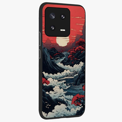 Red Sunset Scenery Glass Case upright view showcasing dramatic sunset scenery artwork with warm nature theme.