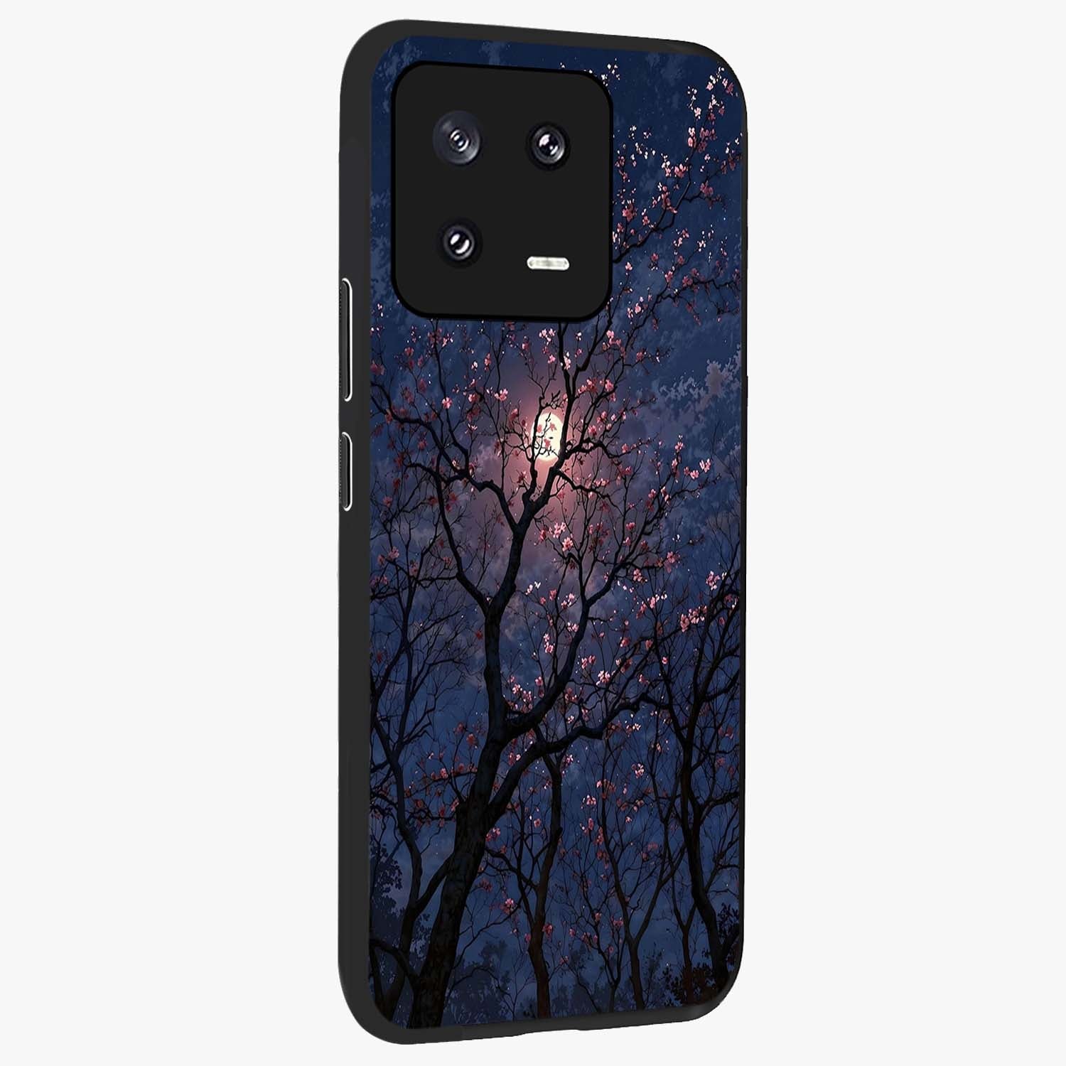 Twilight Sakura Serenade Glass Case upright view showcasing beautiful cherry blossom artwork with serene evening theme.