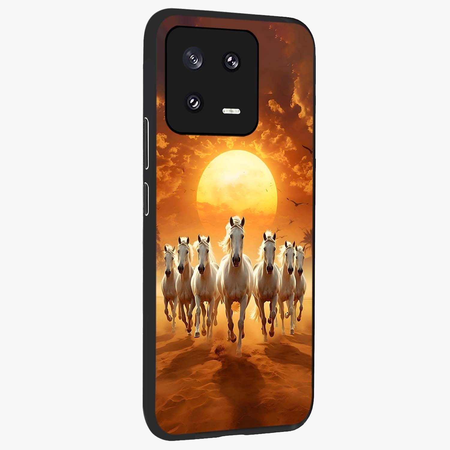 Wild Sunset Majesty Glass Case upright view showcasing dramatic sunset artwork with bold nature theme.