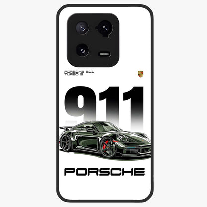 911 Turbo Dominance Glass Case showing clean flat back view with bold 911 sports car artwork and glossy glass finish.
