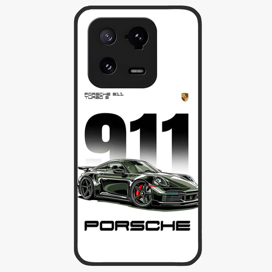 911 Turbo Dominance Glass Case showing clean flat back view with bold 911 sports car artwork and glossy glass finish.