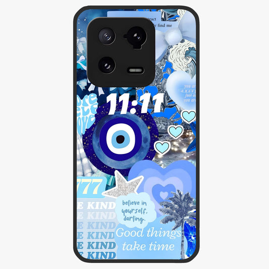 Aesthetic Be Kind Eye Glass Case showing flat back view with motivational eye artwork and glossy glass finish.
