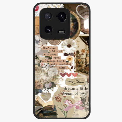 Aesthetic Brown Vintage Collage Glass Case showing flat back view with retro collage artwork and glossy glass finish.