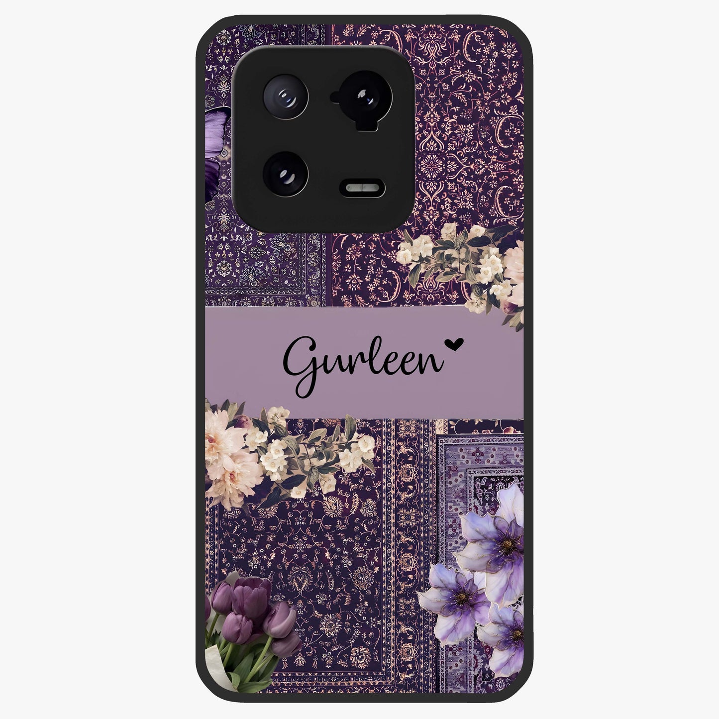 Antique Floral Whisper Custom Name Glass Case showing flat back view with vintage floral artwork and personalized name design.
