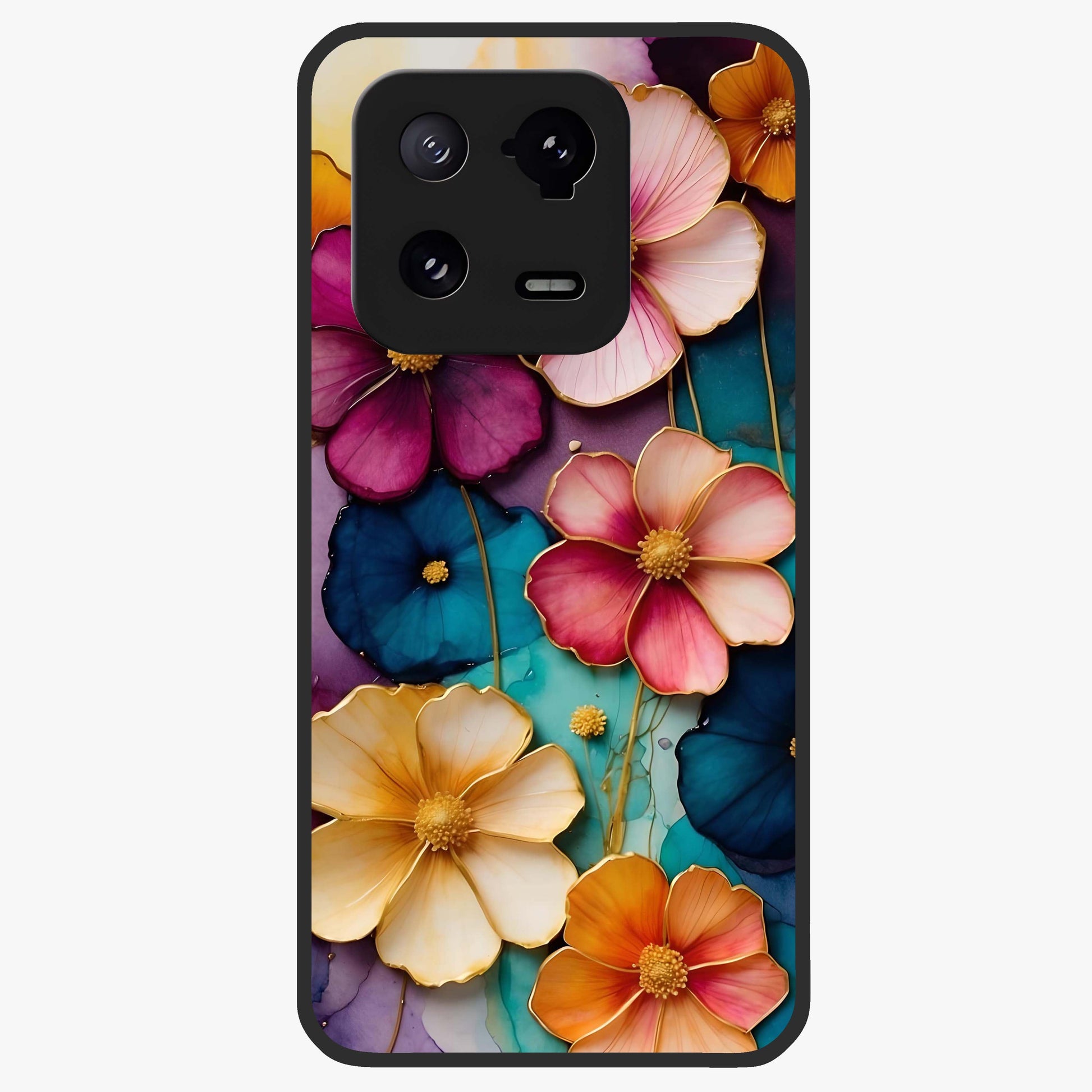 Artlyn Grace Flower Pattern Glass Case showing flat back view with elegant floral pattern artwork and glossy glass finish.