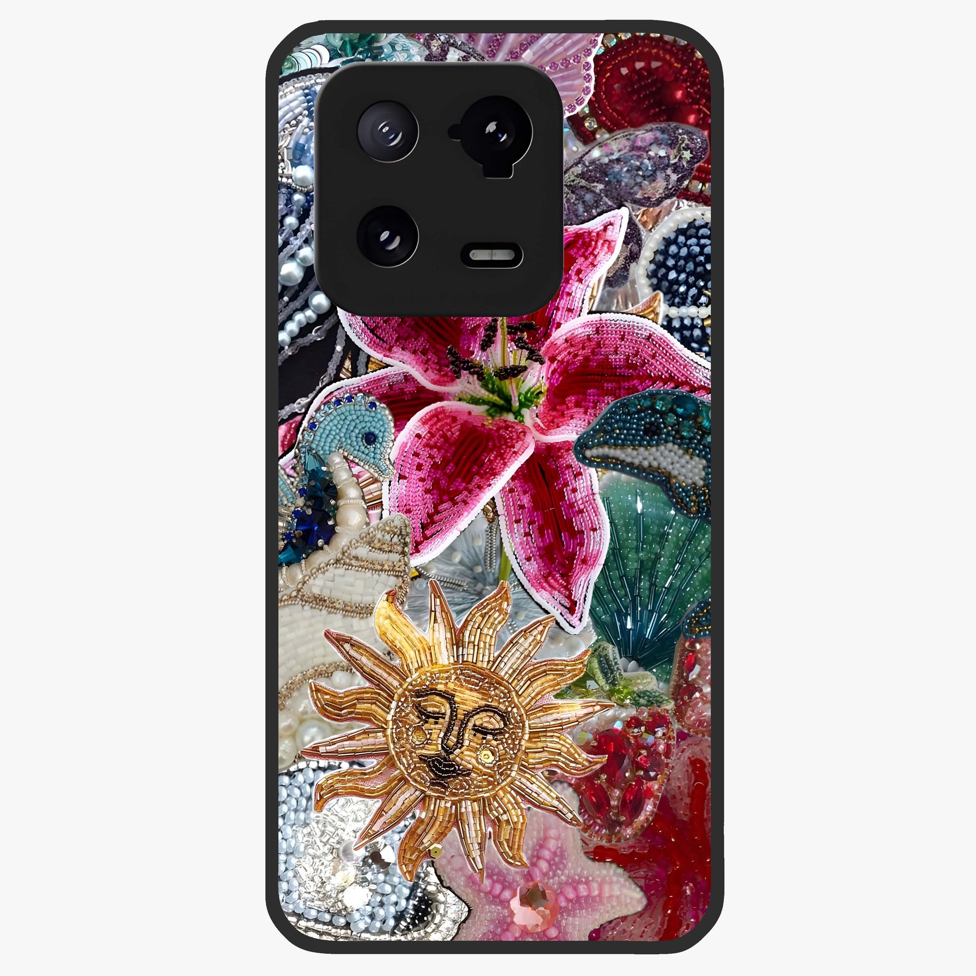 Beaded Garden Fantasy Glass Case showing flat back view with dreamy garden bead artwork and glossy glass finish.