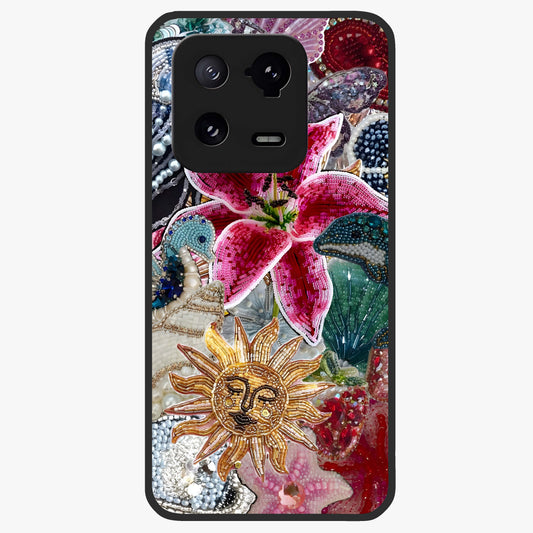 Beaded Garden Fantasy Glass Case showing flat back view with dreamy garden bead artwork and glossy glass finish.