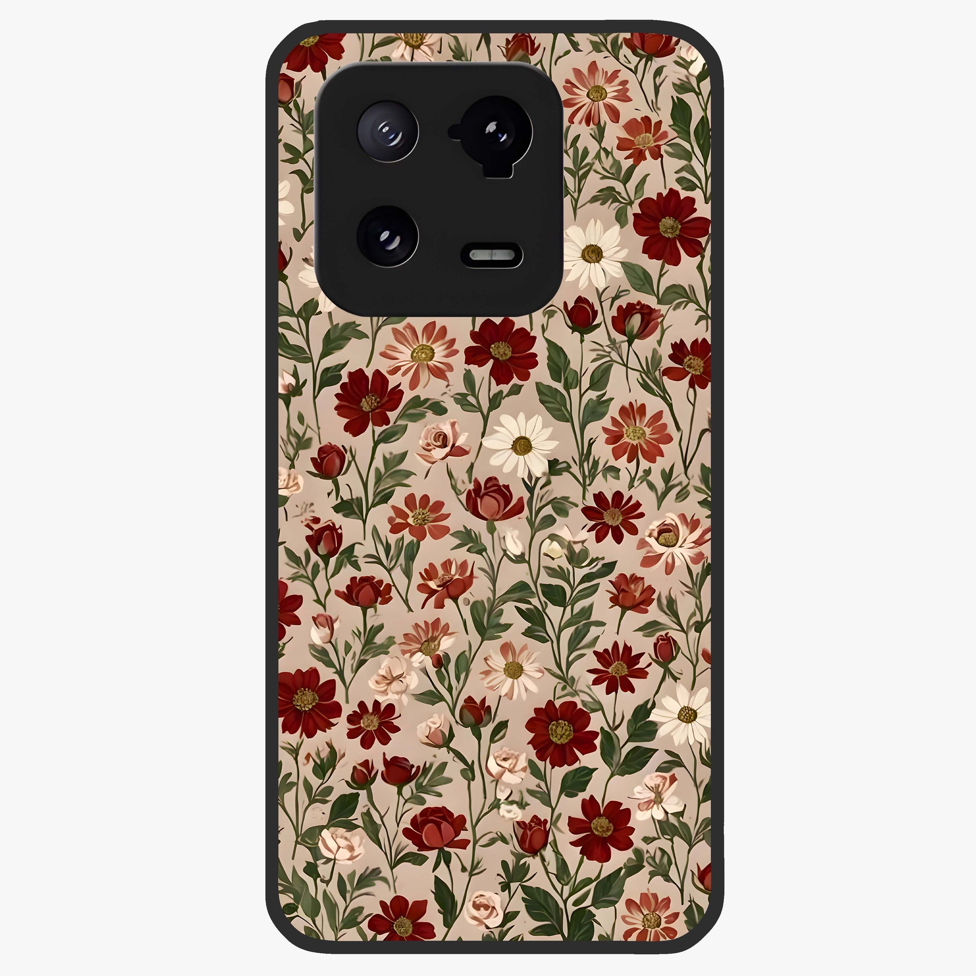 Biege Flower With Leaf Glass Case showing flat back view with soft beige floral artwork and glossy glass finish.