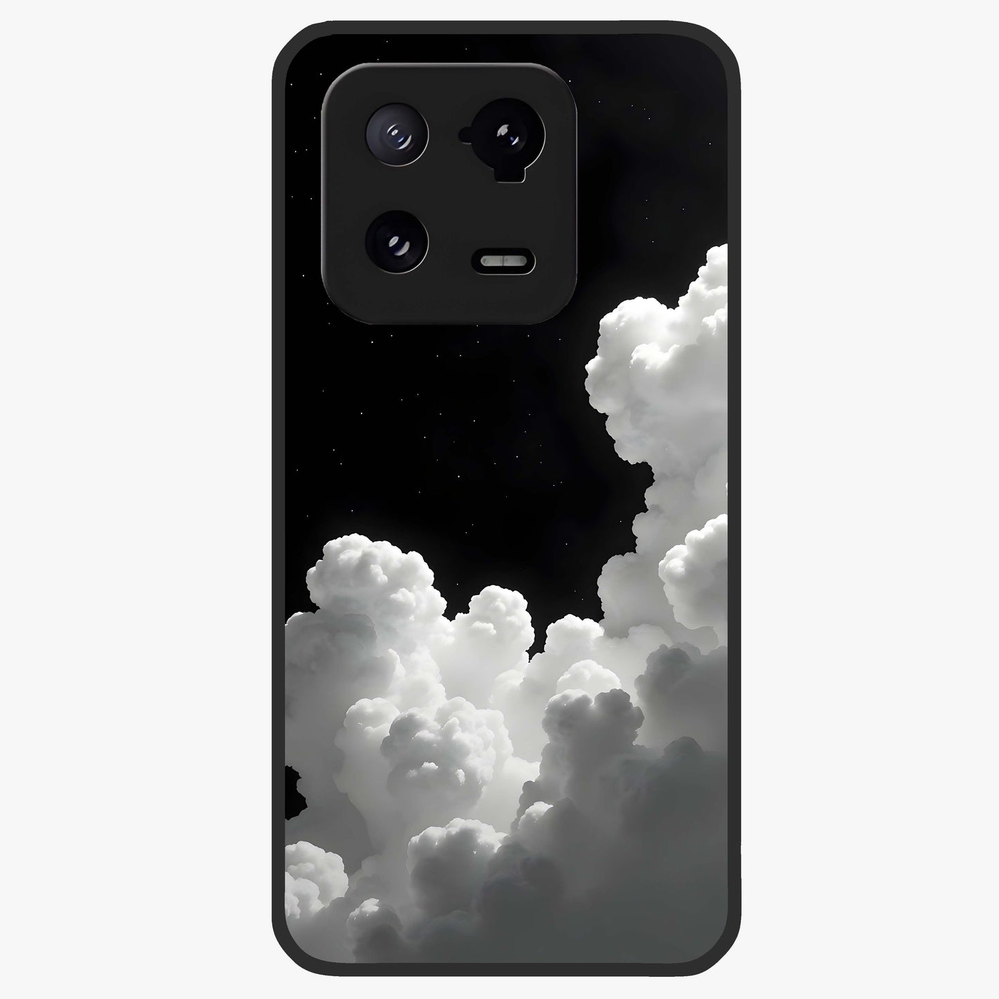 Black Background With White Cloud Glass Case showing flat back view with minimal cloud artwork on dark background and glossy glass finish.