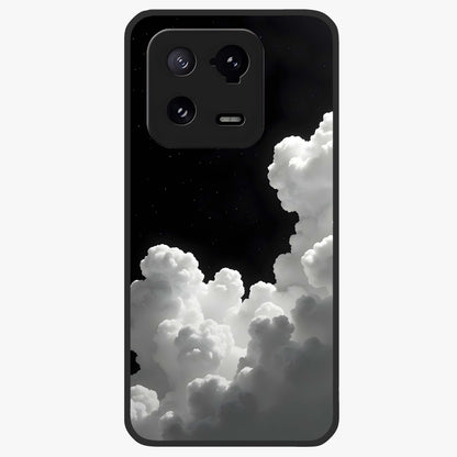 Black Background With White Cloud Glass Case showing flat back view with minimal cloud artwork on dark background and glossy glass finish.
